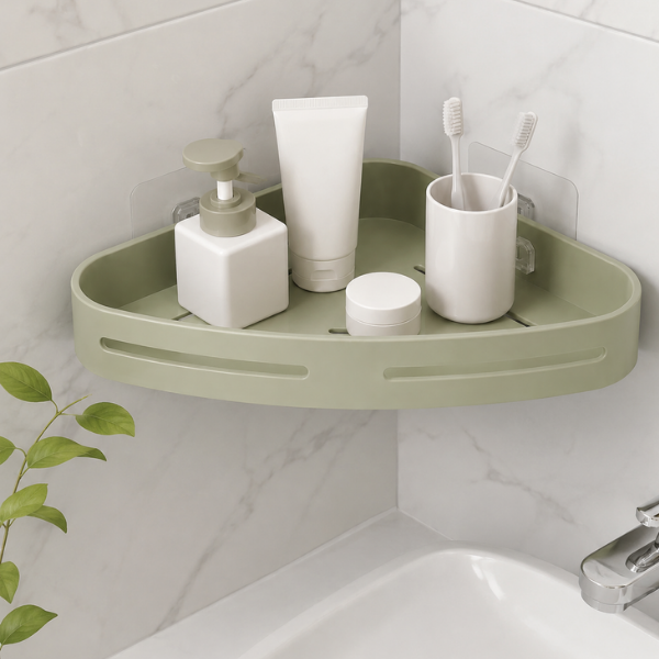 Suport organizator baie de colt din plastic, cu montare adeziv, 23,1 x 18 x 3,2 cm