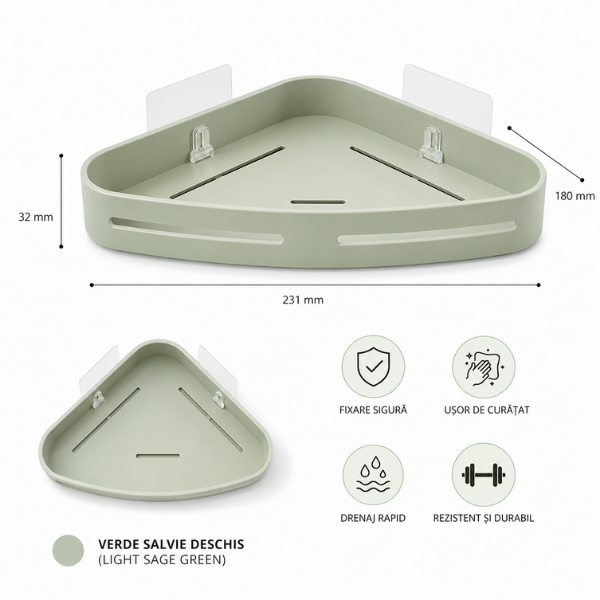 Suport organizator baie de colt din plastic, cu montare adeziv, 23,1 x 18 x 3,2 cm