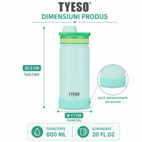 Sticla termos TYESO Vacuum Insulated – Roz Pastel - 600 ml