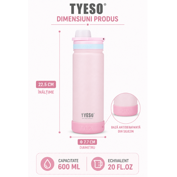 Sticla termos TYESO Vacuum Insulated – Roz Pastel - 600 ml