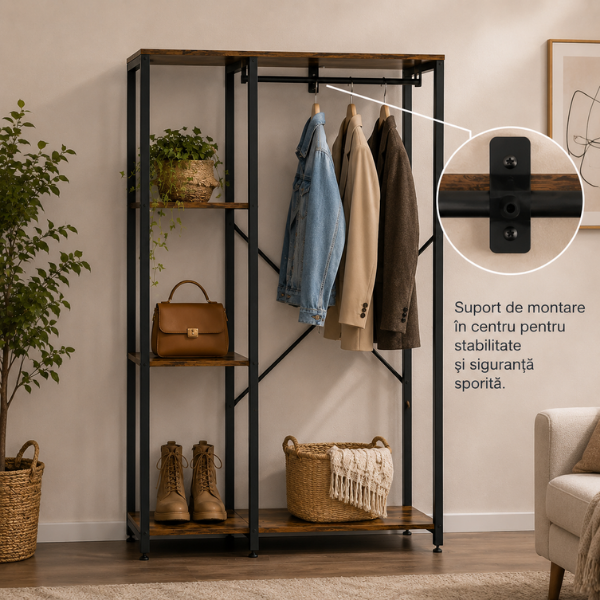 Suport Haine Metalic, Dressing & Hol, Negru/ Maro - 167x40x90 cm - Premium