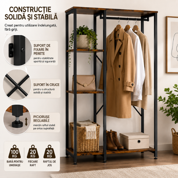 Suport Haine Metalic, Dressing & Hol, Negru/ Maro - 167x40x90 cm - Premium