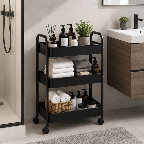 Raft mobil metalic 3 niveluri cu roti, organizator depozitare multifunctional, 38.5 x 26.5 x 67 - Negru