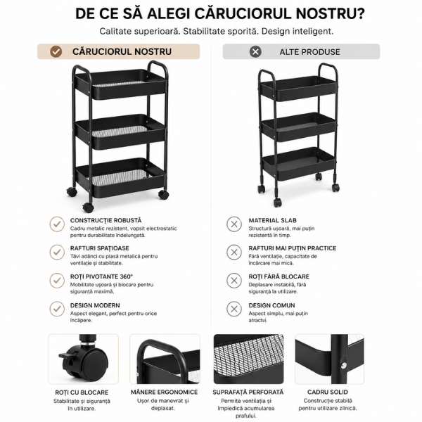 Raft mobil metalic 3 niveluri cu roti, organizator depozitare multifunctional, 38.5 x 26.5 x 67 - Negru