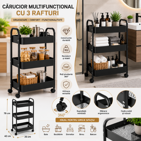 Raft mobil metalic 3 niveluri cu roti, organizator depozitare multifunctional, 38.5 x 26.5 x 67 - Negru