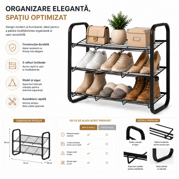 Raft incaltaminte metalic 3 niveluri, organizator pantofi, 75x28x59 cm, Negru, Calitate Premium