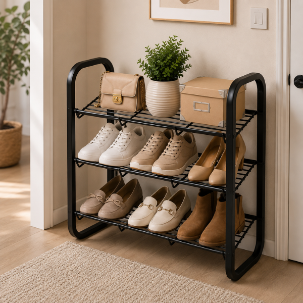 Raft incaltaminte metalic 3 niveluri, organizator pantofi, 75x28x59 cm, Negru, Calitate Premium