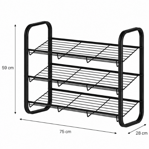 Raft incaltaminte metalic 3 niveluri, organizator pantofi, 75x28x59 cm, Negru, Calitate Premium