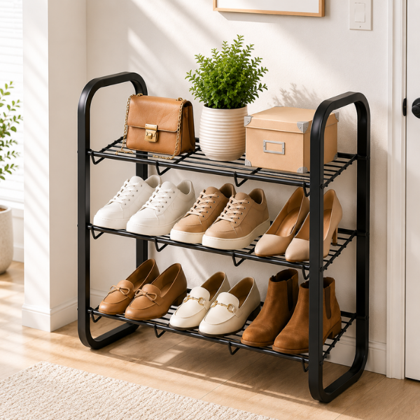 Raft incaltaminte metalic 3 niveluri, organizator pantofi, 75x28x59 cm, Negru, Calitate Premium