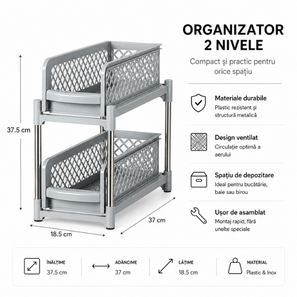 Organizator Mobil 2 Etaje, Raft Depozitare Multifunctional din Plastic, 37.5 x 37 x 18.5