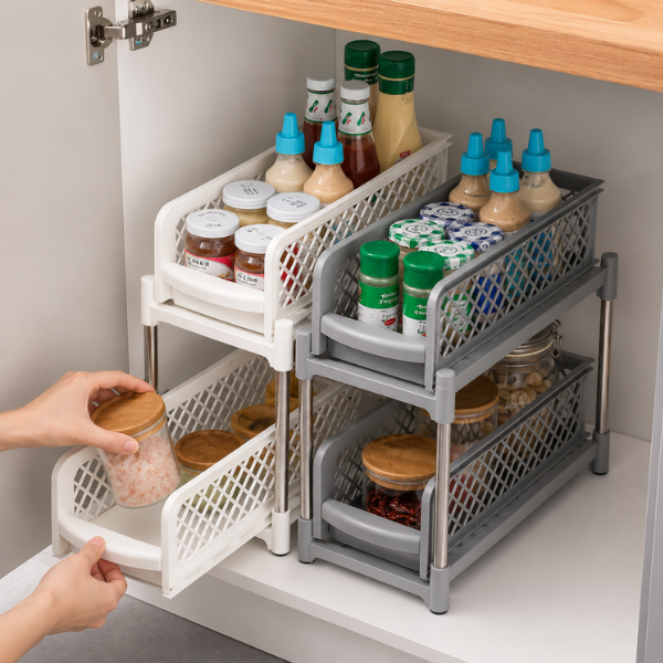 Organizator Mobil 2 Etaje, Raft Depozitare Multifunctional din Plastic, 37.5 x 37 x 18.5