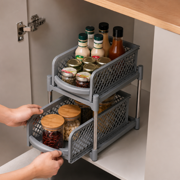 Organizator Mobil 2 Etaje, Raft Depozitare Multifunctional din Plastic, 37.5 x 37 x 18.5