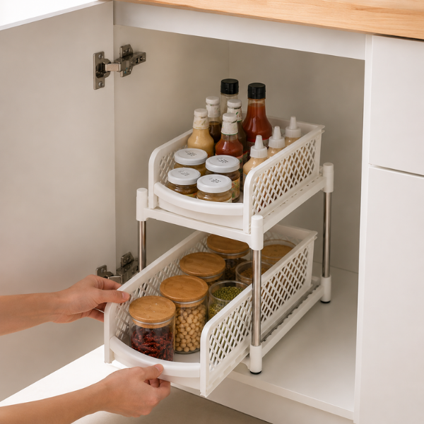 Organizator Mobil 2 Etaje, Raft Depozitare Multifunctional din Plastic, 37.5 x 37 x 18.5