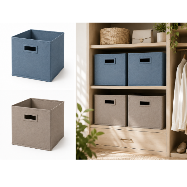 Set 2 Cutii de depozitare Textila, Pliabila, Structura Rigida, Albastru Gri și Taupe - 31x31x31 cm - Premium