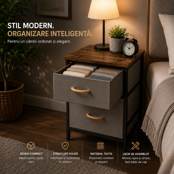 Noptiera 2 Etajere cu Sertare Textil, Lemn & Metal – 40x30x53.5 cm