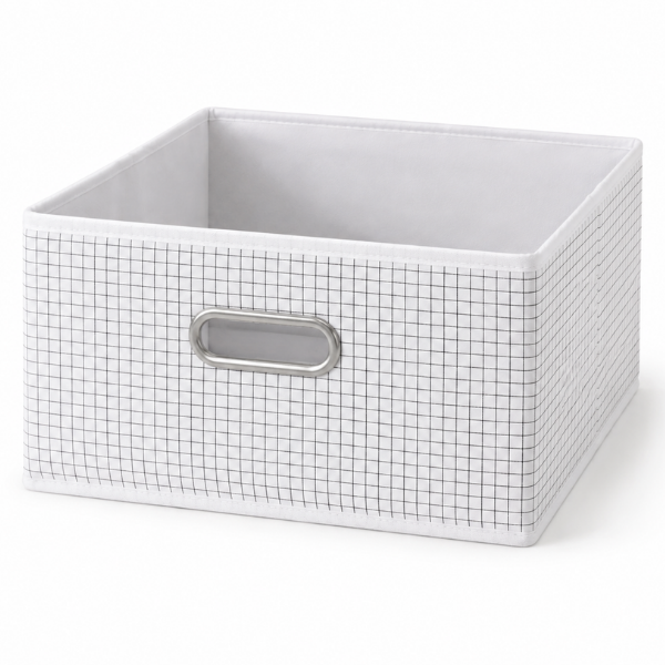 Cutie Organizare Pliabila Alb cu Carouri, Textil cu Maner Metalic - 31 x 31 x 15 cm - Premium