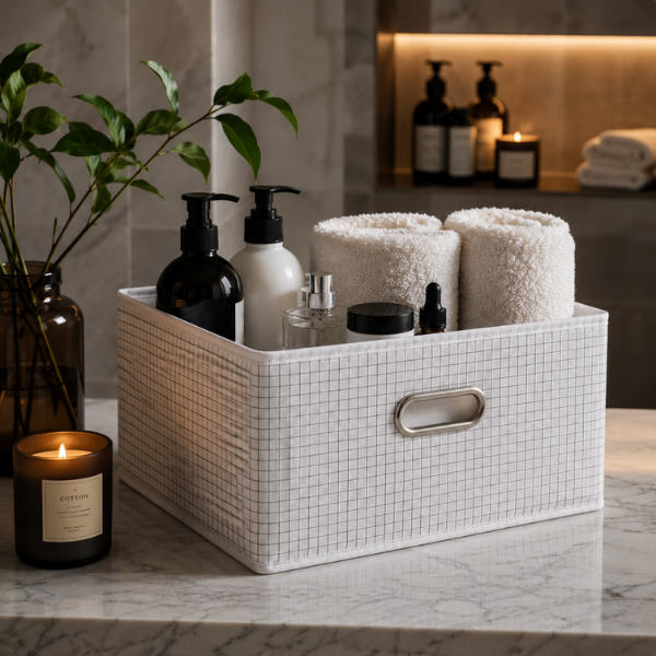 Cutie Organizare Pliabila Alb cu Carouri, Textil cu Maner Metalic - 31 x 31 x 15 cm - Premium