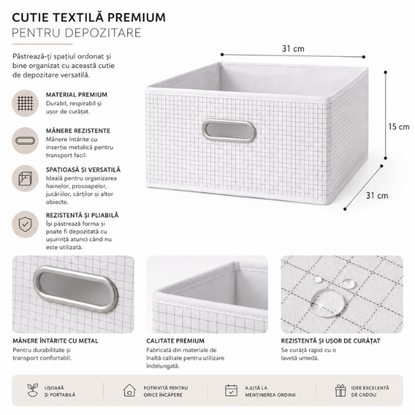 Cutie Organizare Pliabila Alb cu Carouri, Textil cu Maner Metalic - 31 x 31 x 15 cm - Premium