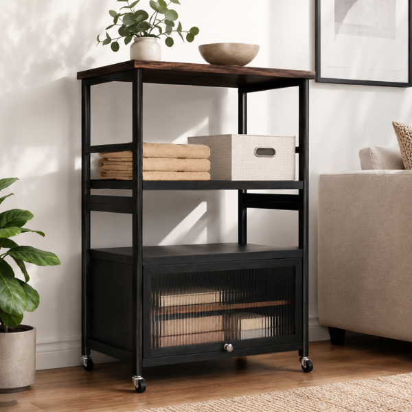 Raft depozitare multifunctional cu roti, 5 niveluri, cadru otel carbon, 80 x 125 x 30 cm - Negru