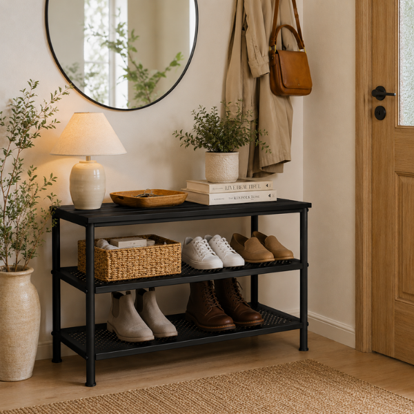 Banca pantofi metalica premium, Blat din Lemn, Ultra rezistenta, 79x35x52 cm, Negru - Calitate premium