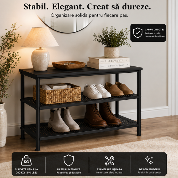 Banca pantofi metalica premium, Blat din Lemn, Ultra rezistenta, 79x35x52 cm, Negru - Calitate premium