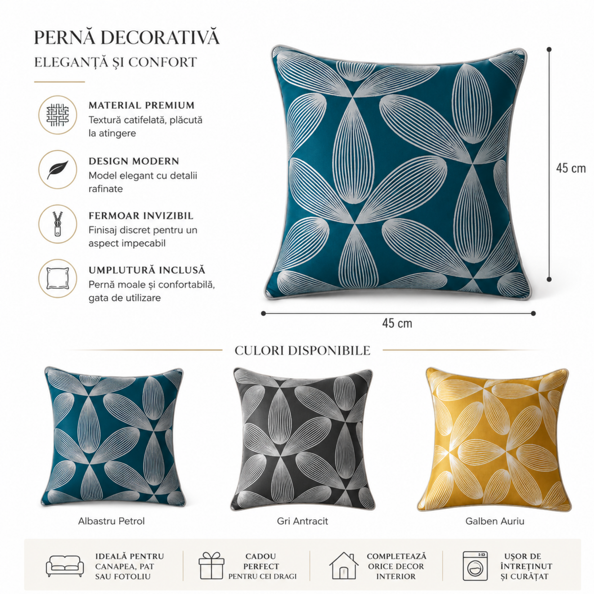 Fata Perna Decorativa 45x45 cm Premium – Model Geometric Modern, Material Satinat