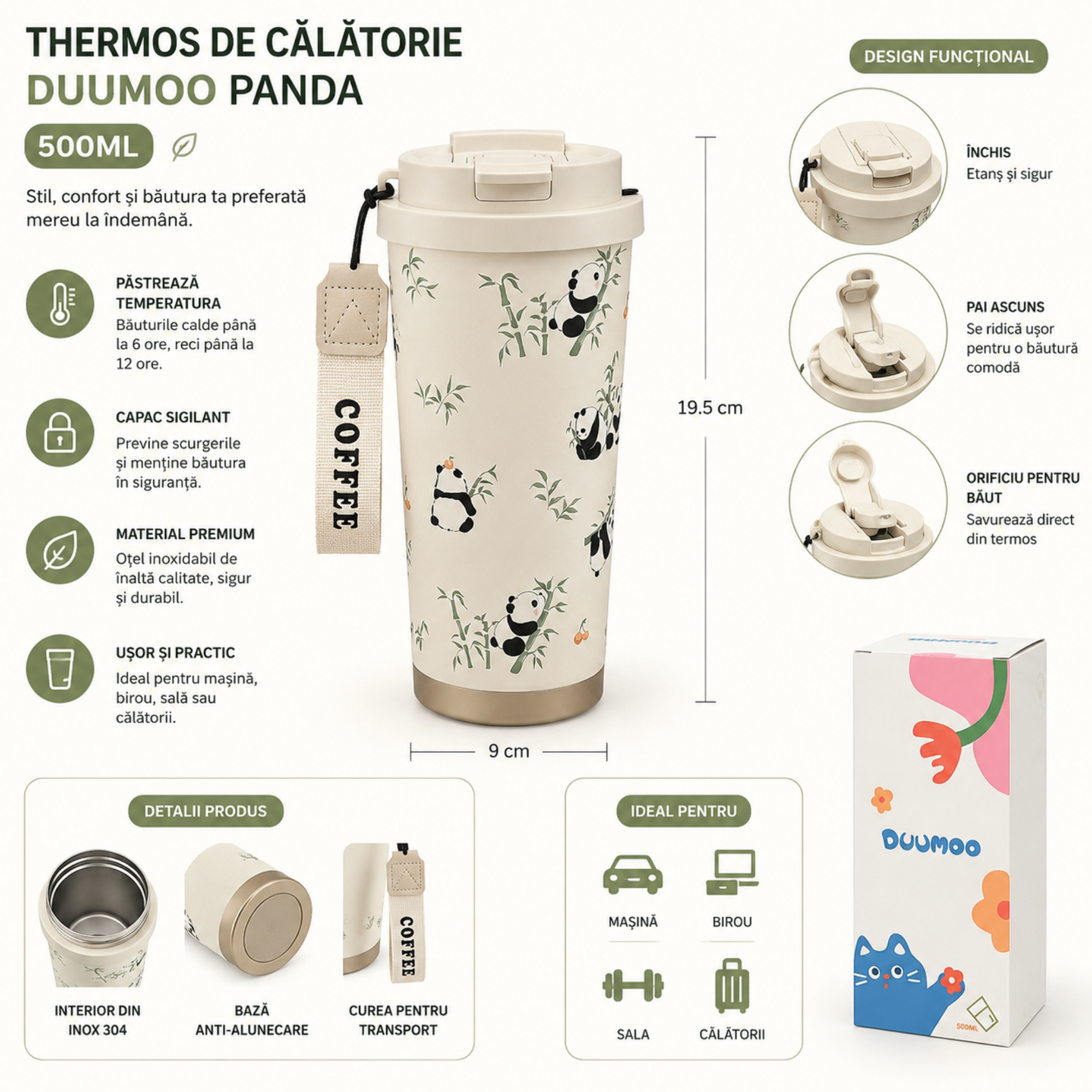 Termos DUUMOO 500 ml, Otel Inoxidabil 304, Izolatie Dublu Perete