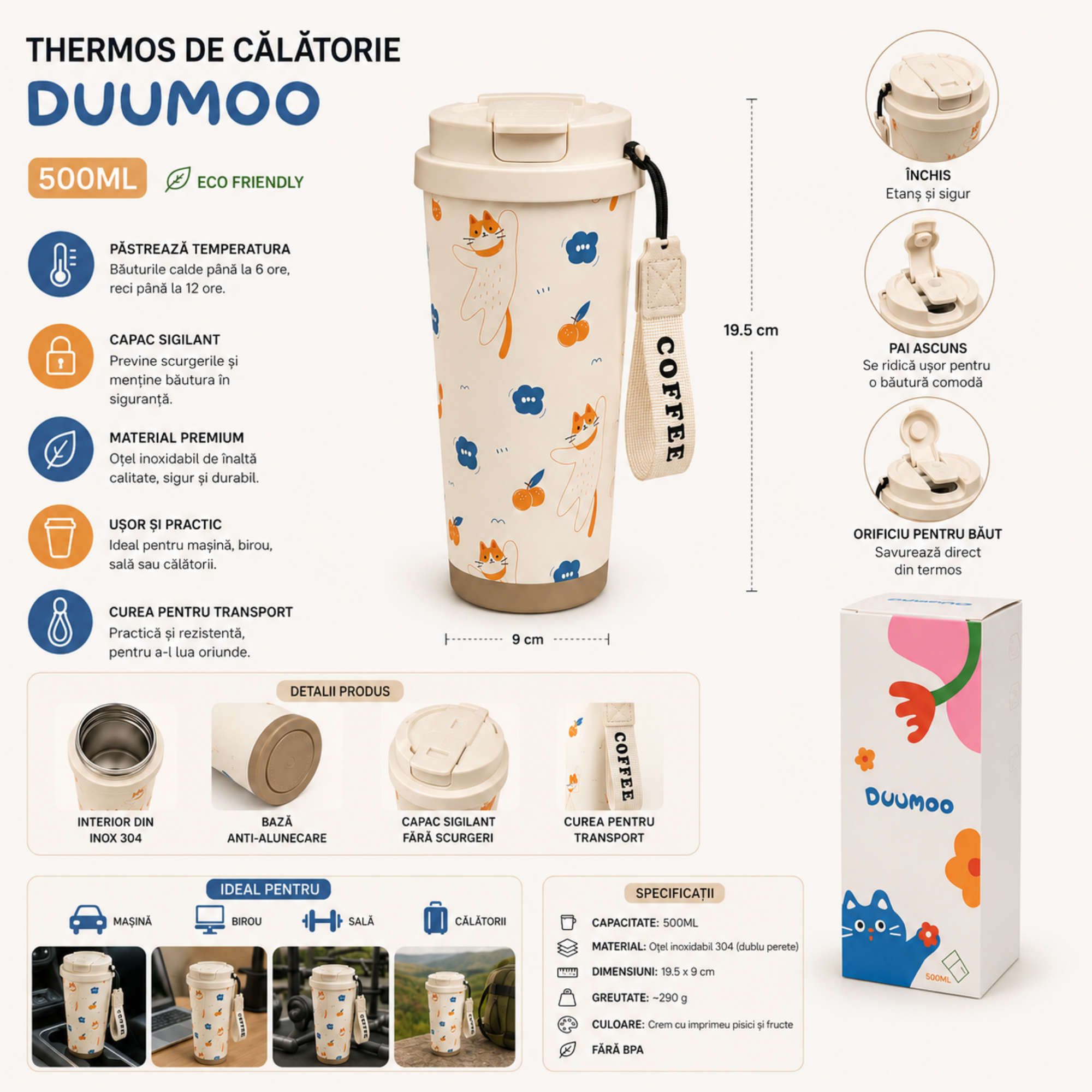 Termos DUUMOO 500 ml, Otel Inoxidabil 304, Izolatie Dublu Perete