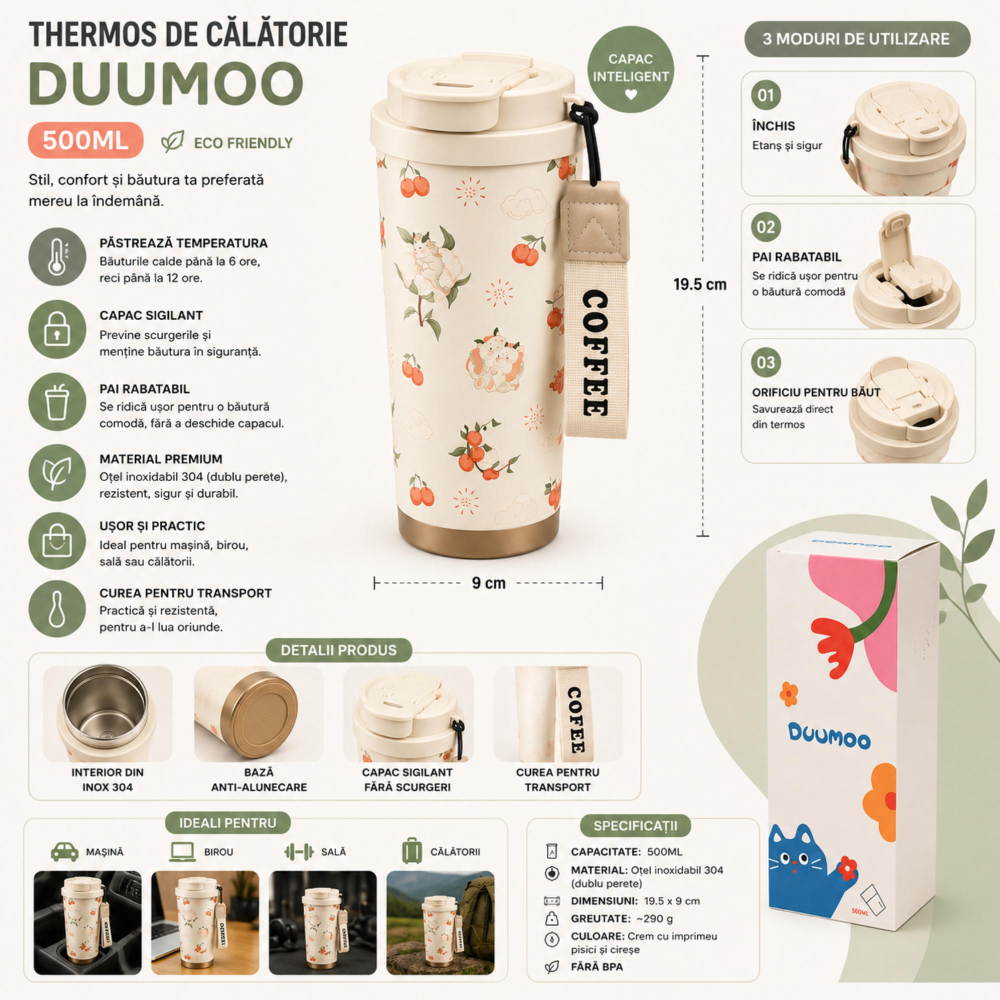 Termos DUUMOO 500 ml, Otel Inoxidabil 304, Izolatie Dublu Perete