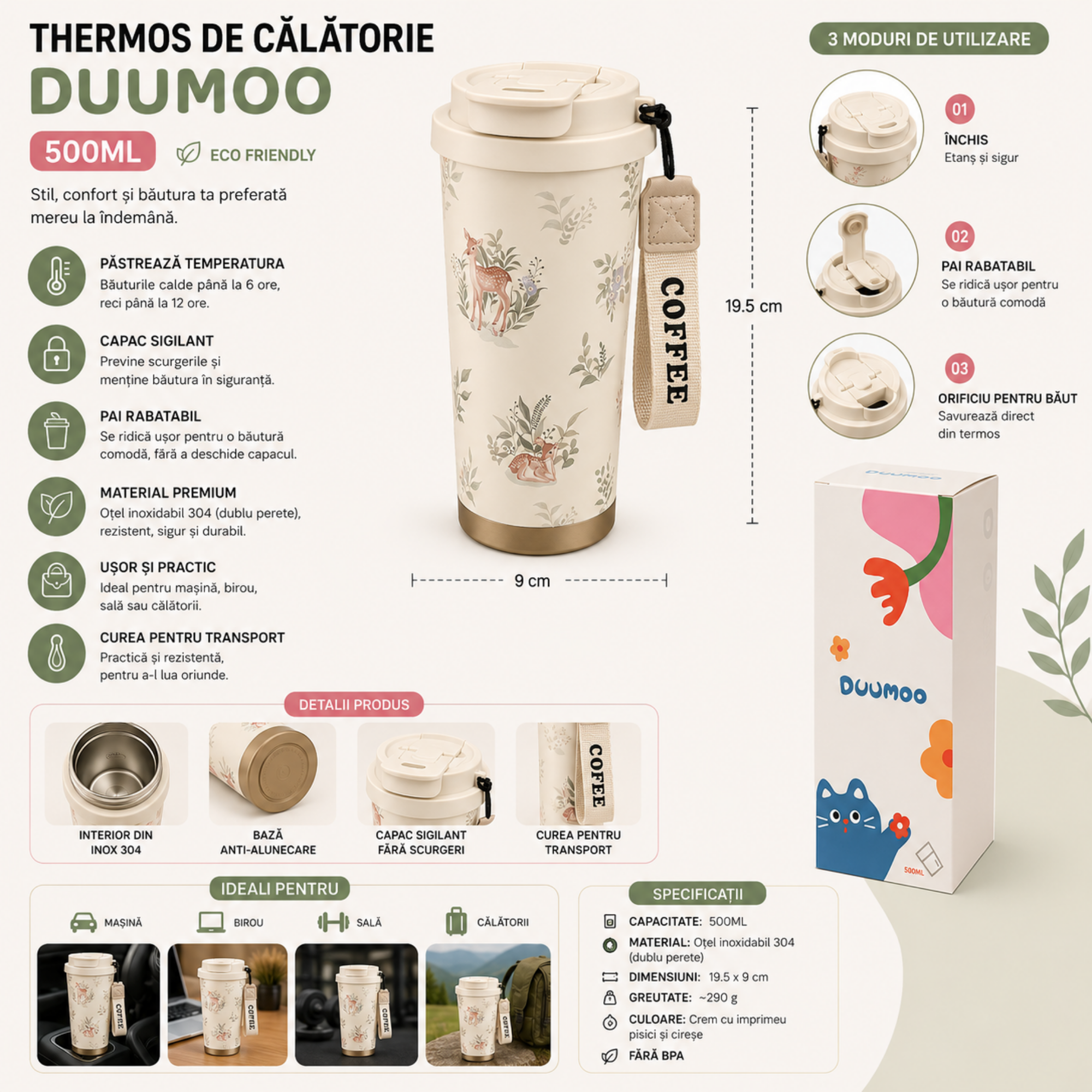 Termos DUUMOO 500 ml, Otel Inoxidabil 304, Izolatie Dublu Perete