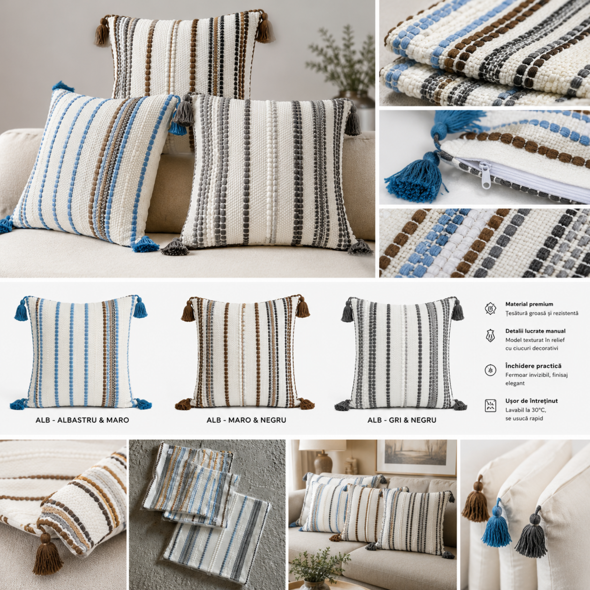 Fata de Perna 45 × 45 cm, Tesatura Texturata cu Ciucuri, Bumbac si Poliester