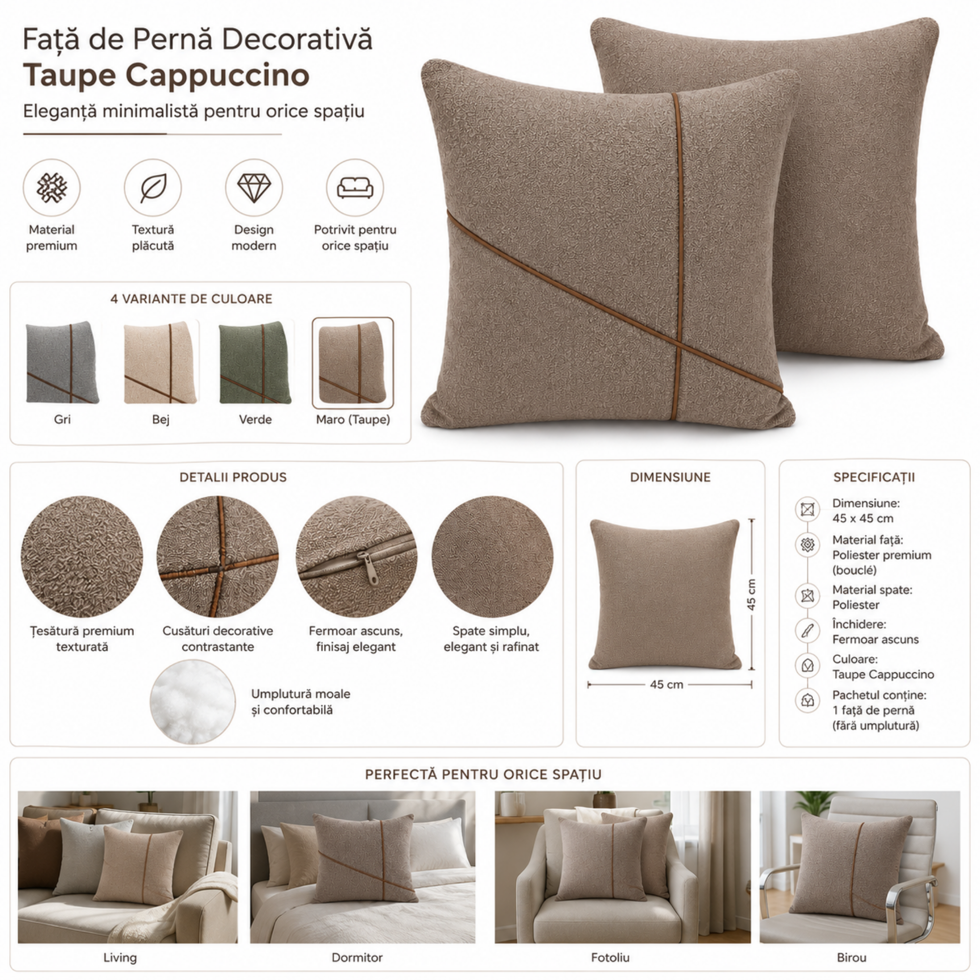 Fata de Perna 45 × 45 cm, Textură Boucle, Design Modern cu Linii Decorative, Fermoar Ascuns