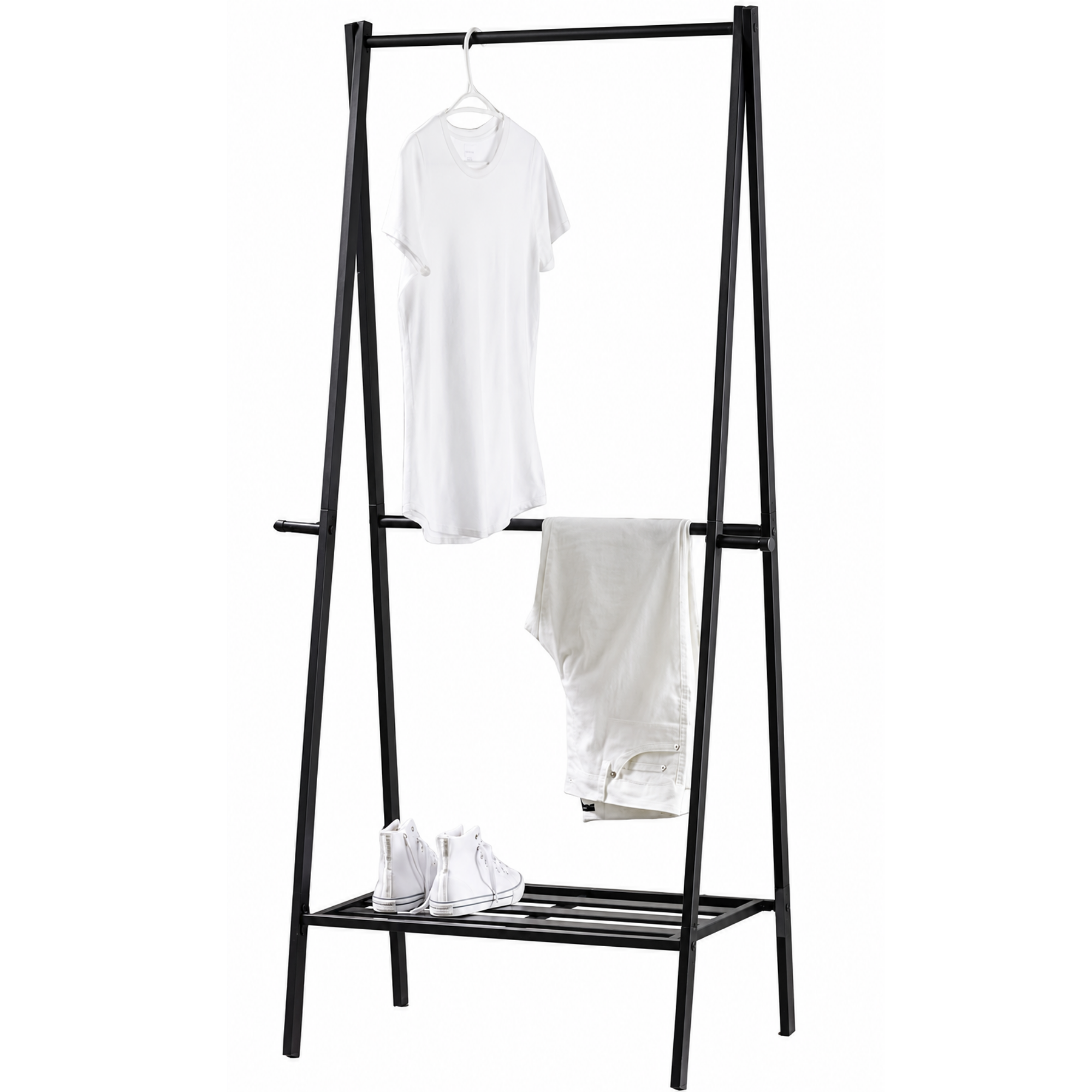 Suport pentru Haine Tip A, cu Raft pentru Pantofi, 2 Carlige Laterale,  170 x 105 x 46.5 cm - Negru