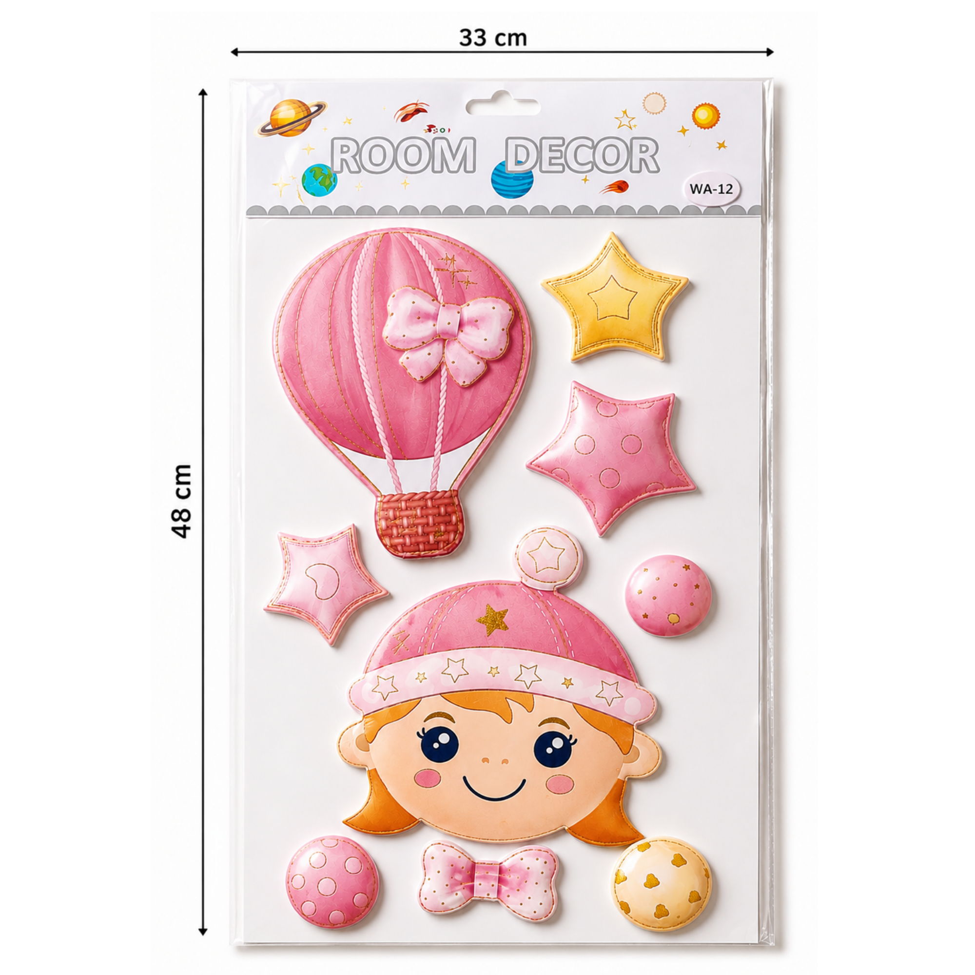 Autocolant Decorativ 3D Premium pentru Perete cu Efect de Relief – Fetita cu Balon cu Aer Cald, 33 × 48 cm