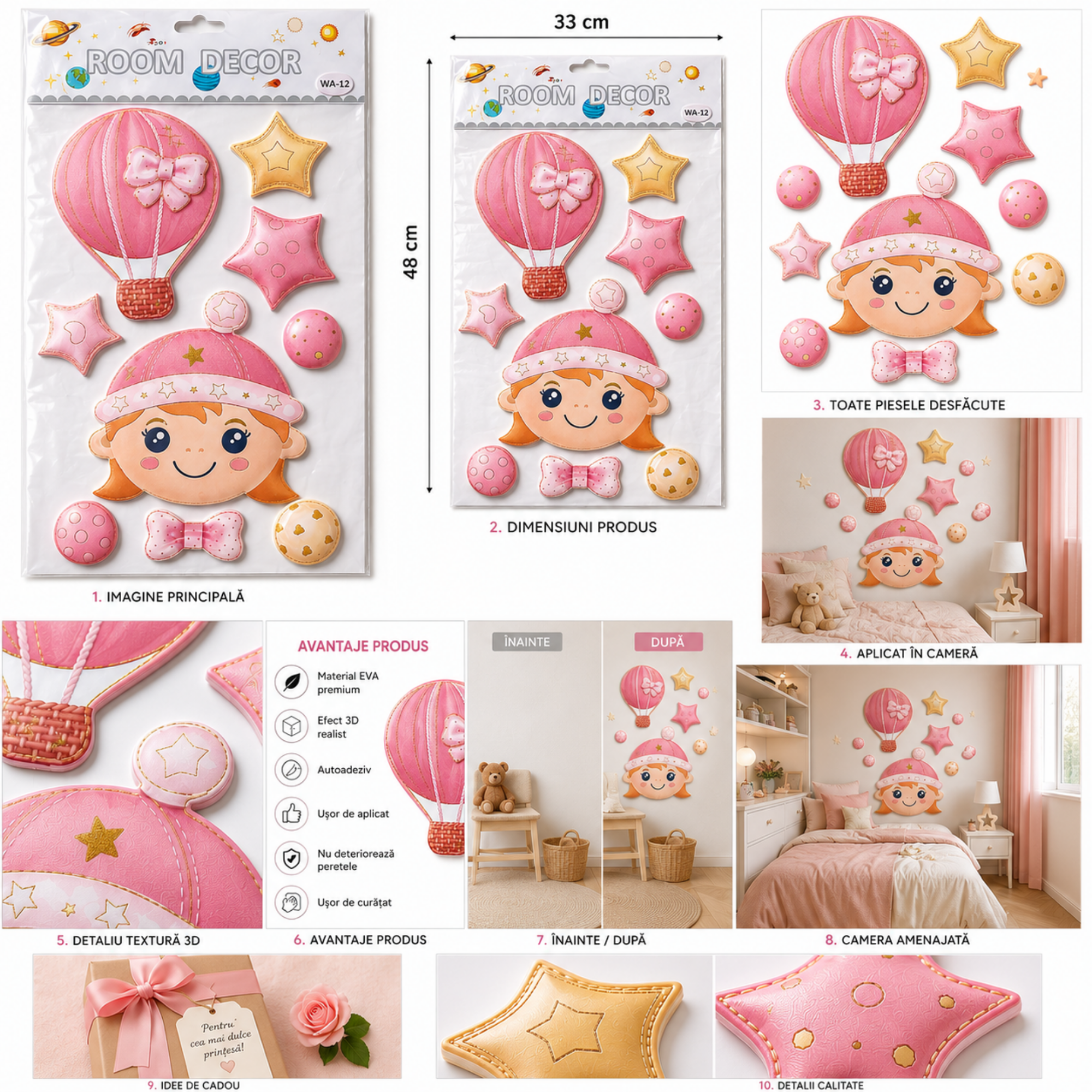 Autocolant Decorativ 3D Premium pentru Perete cu Efect de Relief – Fetita cu Balon cu Aer Cald, 33 × 48 cm