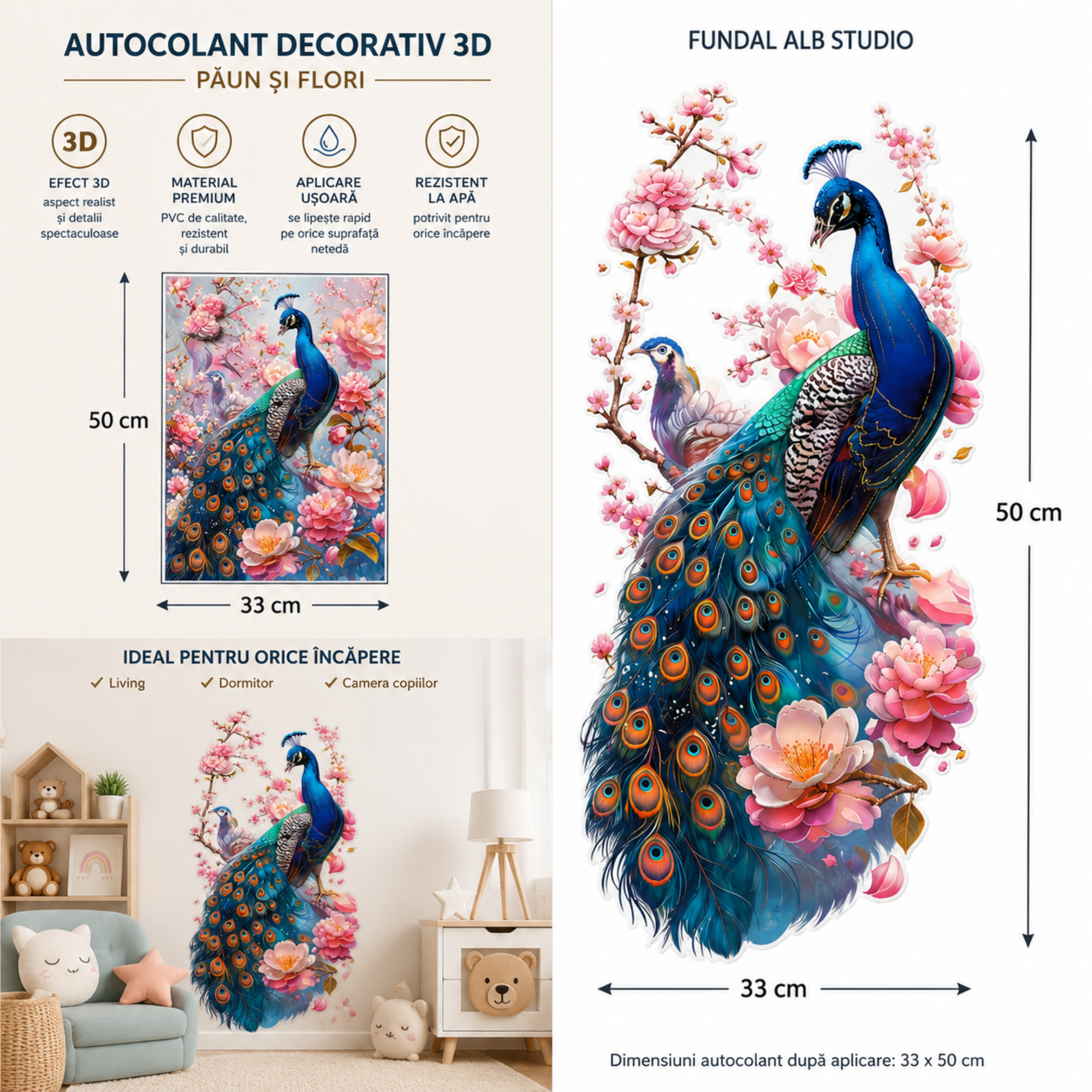 Autocolant 3D Premium pentru Perete – Paun Regal cu Flori, 33 × 48 cm