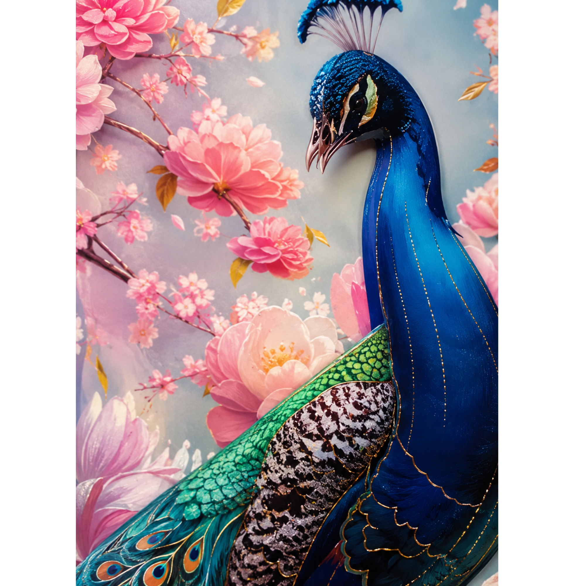 Autocolant 3D Premium pentru Perete – Paun Regal cu Flori, 33 × 48 cm