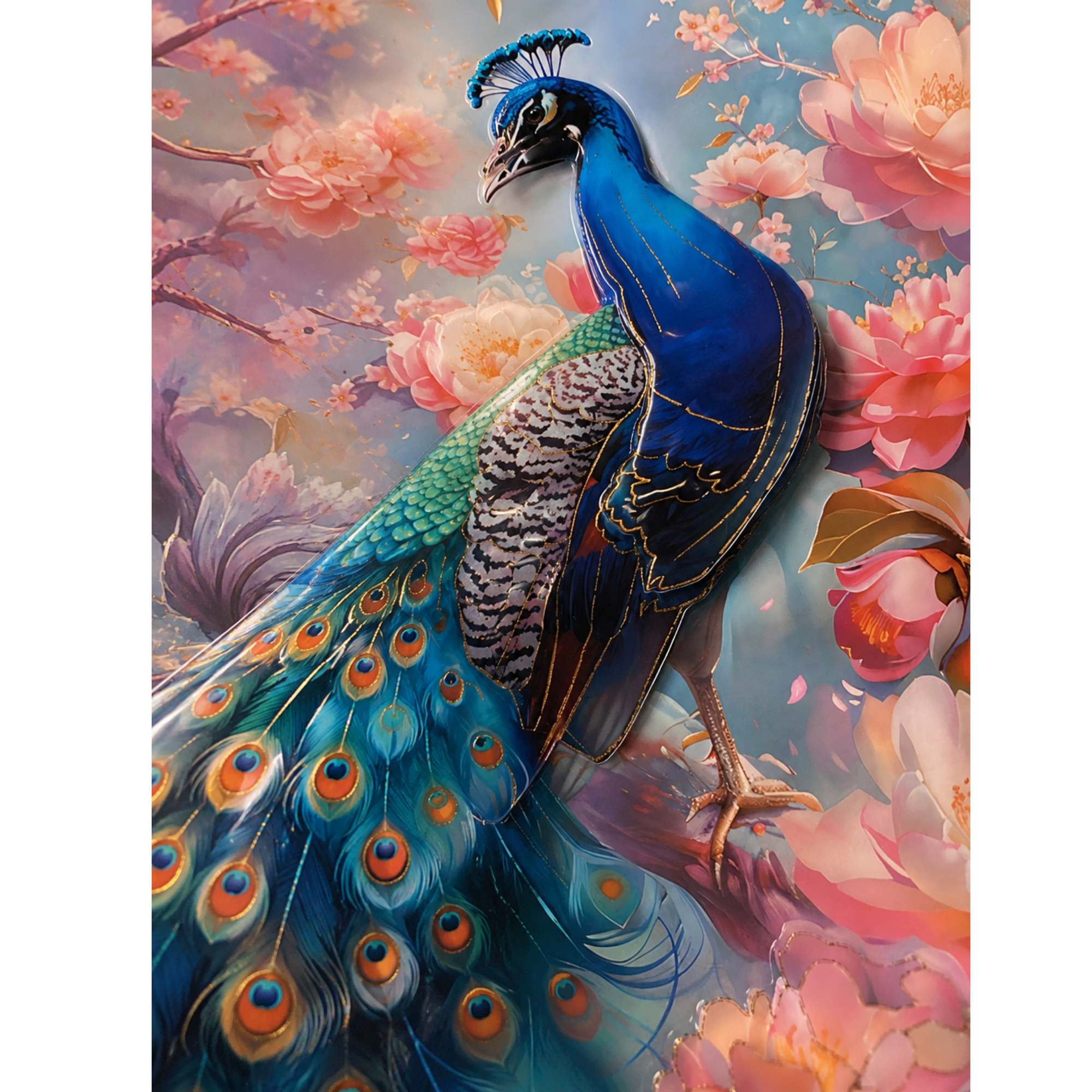 Autocolant 3D Premium pentru Perete – Paun Regal cu Flori, 33 × 48 cm