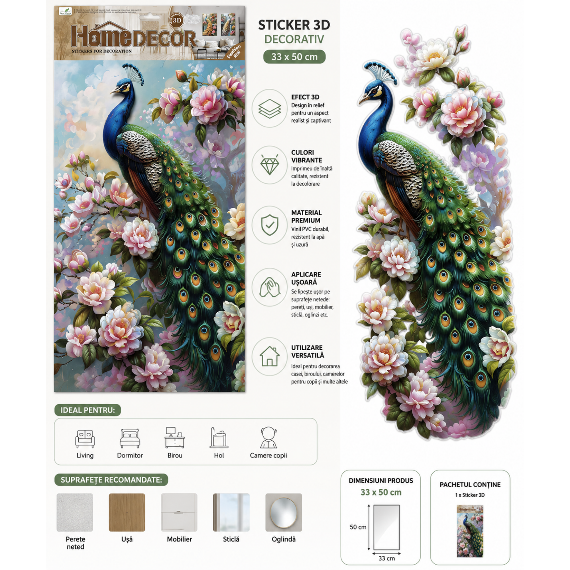 Autocolant 3D Premium pentru Perete – Paun Regal cu Flori, 33 × 48 cm