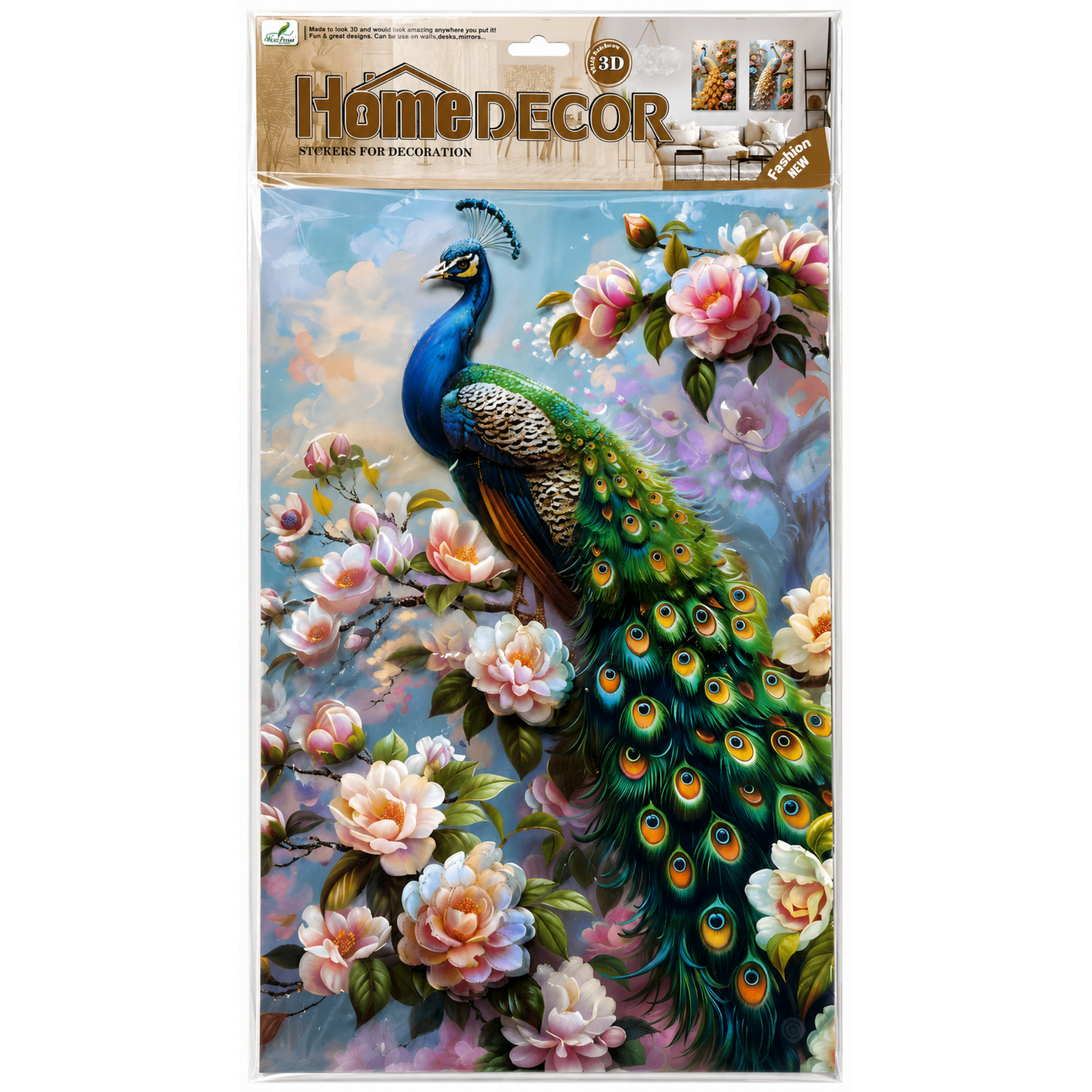 Autocolant 3D Premium pentru Perete – Paun Regal cu Flori, 33 × 48 cm