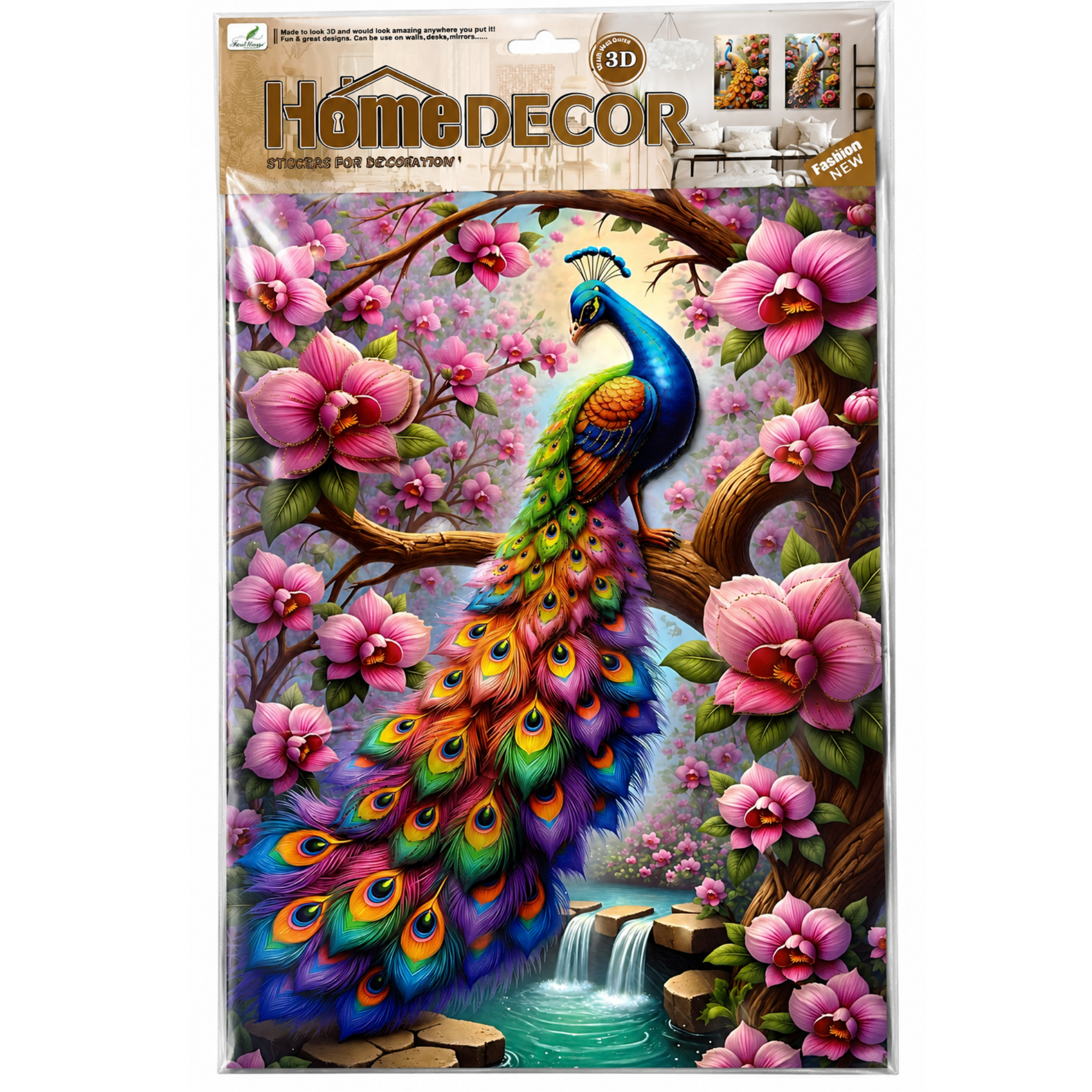Autocolant 3D Premium pentru Perete – Paun Regal cu Flori, 33 × 48 cm