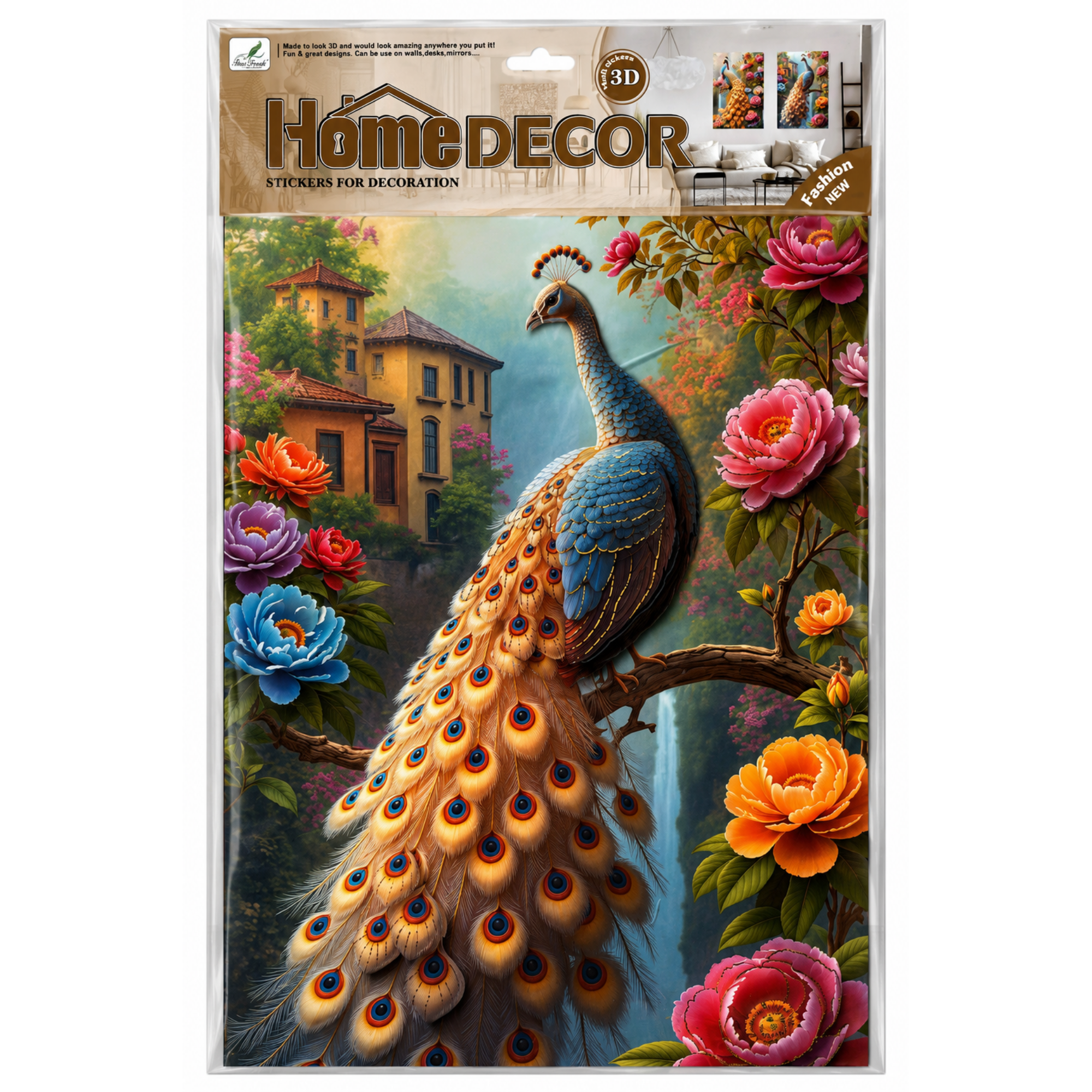 Autocolant 3D Premium pentru Perete – Paun Regal cu Flori, 33 × 48 cm