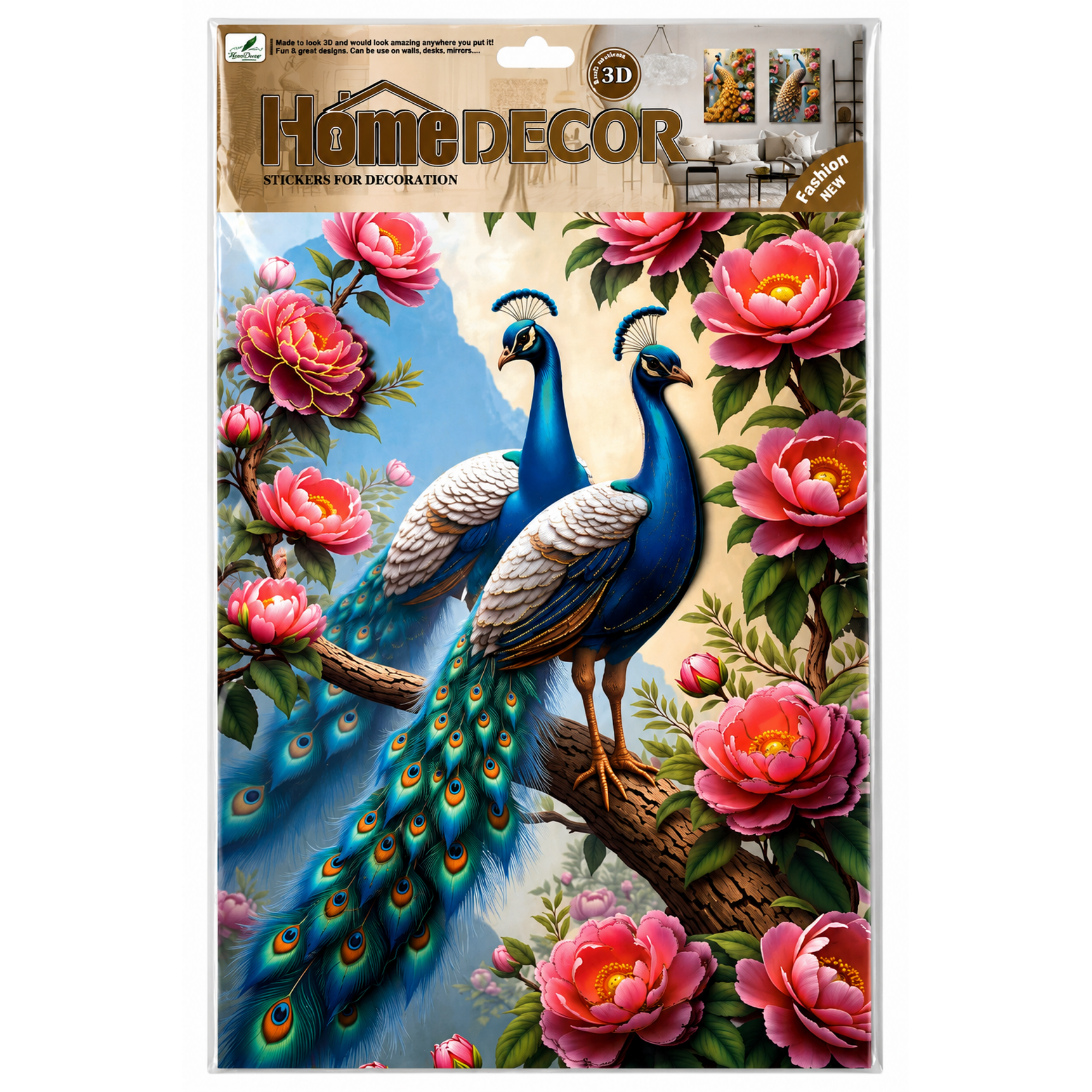 Autocolant 3D Premium pentru Perete – Paun Regal cu Flori, 33 × 48 cm