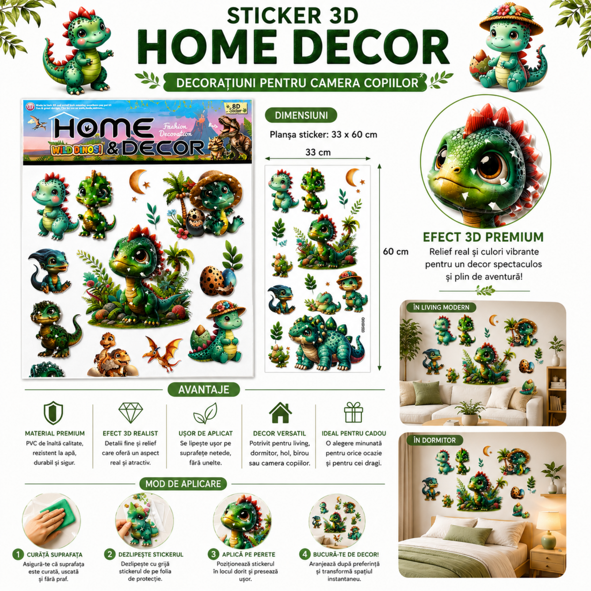 Sticker de Perete 3D cu Dinozauri pentru Camera Copiilor, Autoadeziv, Decor Premium, 33 × 50 cm