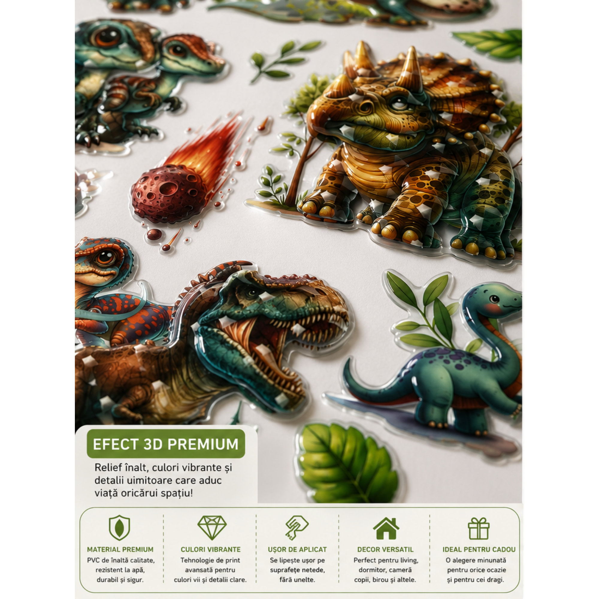 Sticker de Perete 3D cu Dinozauri pentru Camera Copiilor, Autoadeziv, Decor Premium, 33 × 50 cm