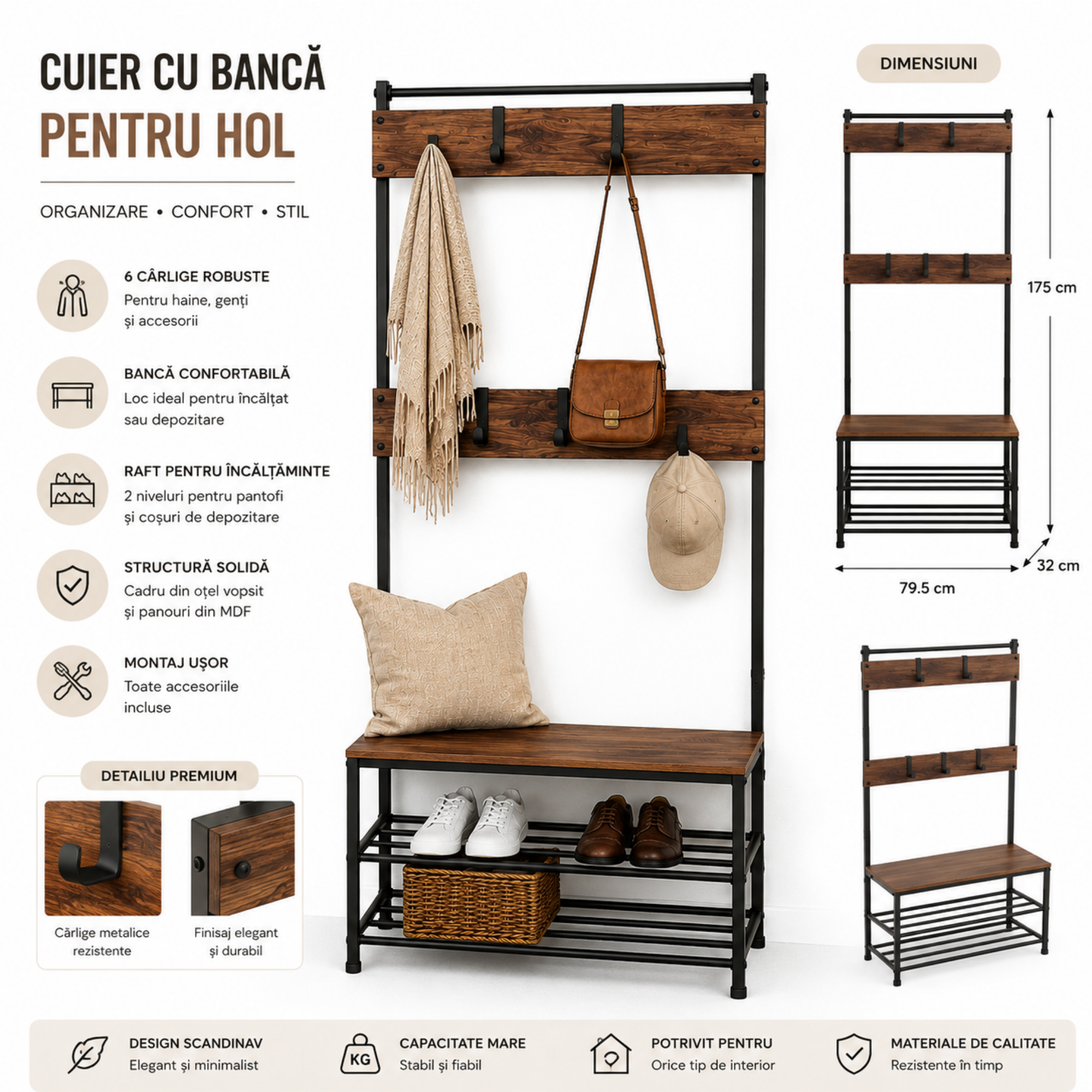 Cuier pentru Hol cu Banca si Raft pentru Pantofi, Stejar Inchis/Negru, 79.5 x 32 x 175 cm