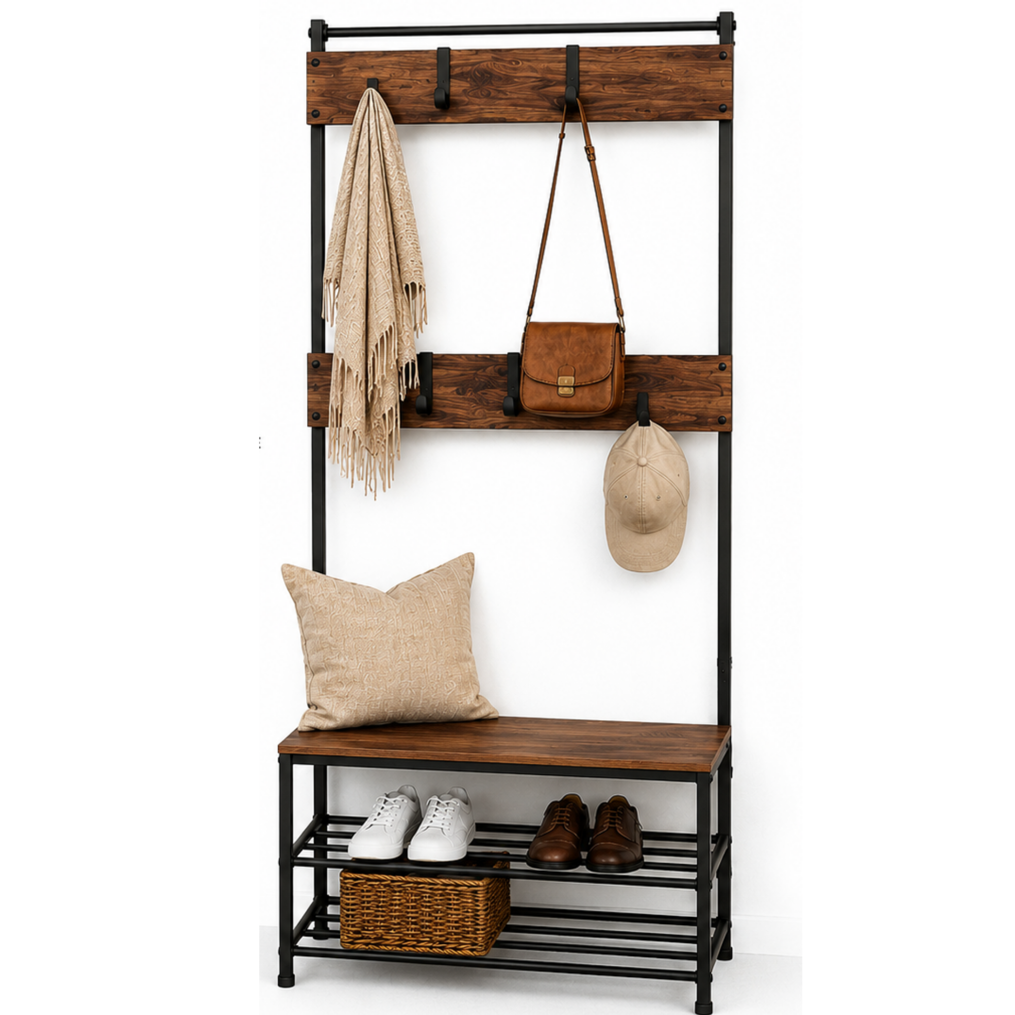 Cuier pentru Hol cu Banca si Raft pentru Pantofi, Stejar Inchis/Negru, 79.5 x 32 x 175 cm