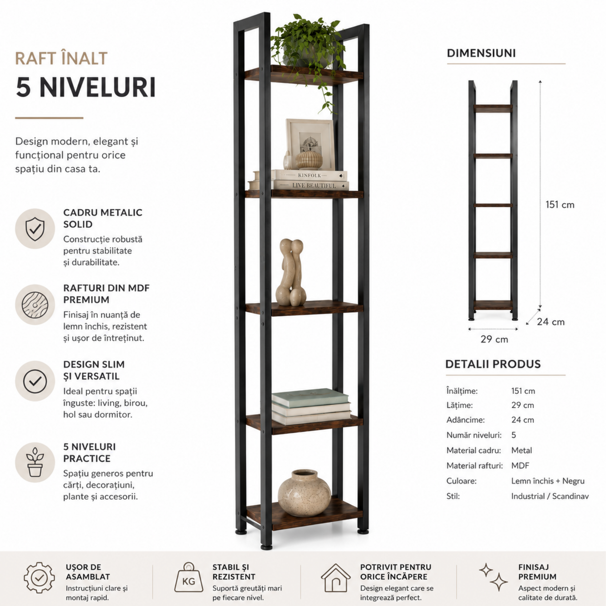 Raft de Colt cu 5 Polite, Cadru Metalic si Rafturi Aspect Lemn, Industrial Scandinav, 29 x 24 x 151 cm, Maro Rustic / Negru