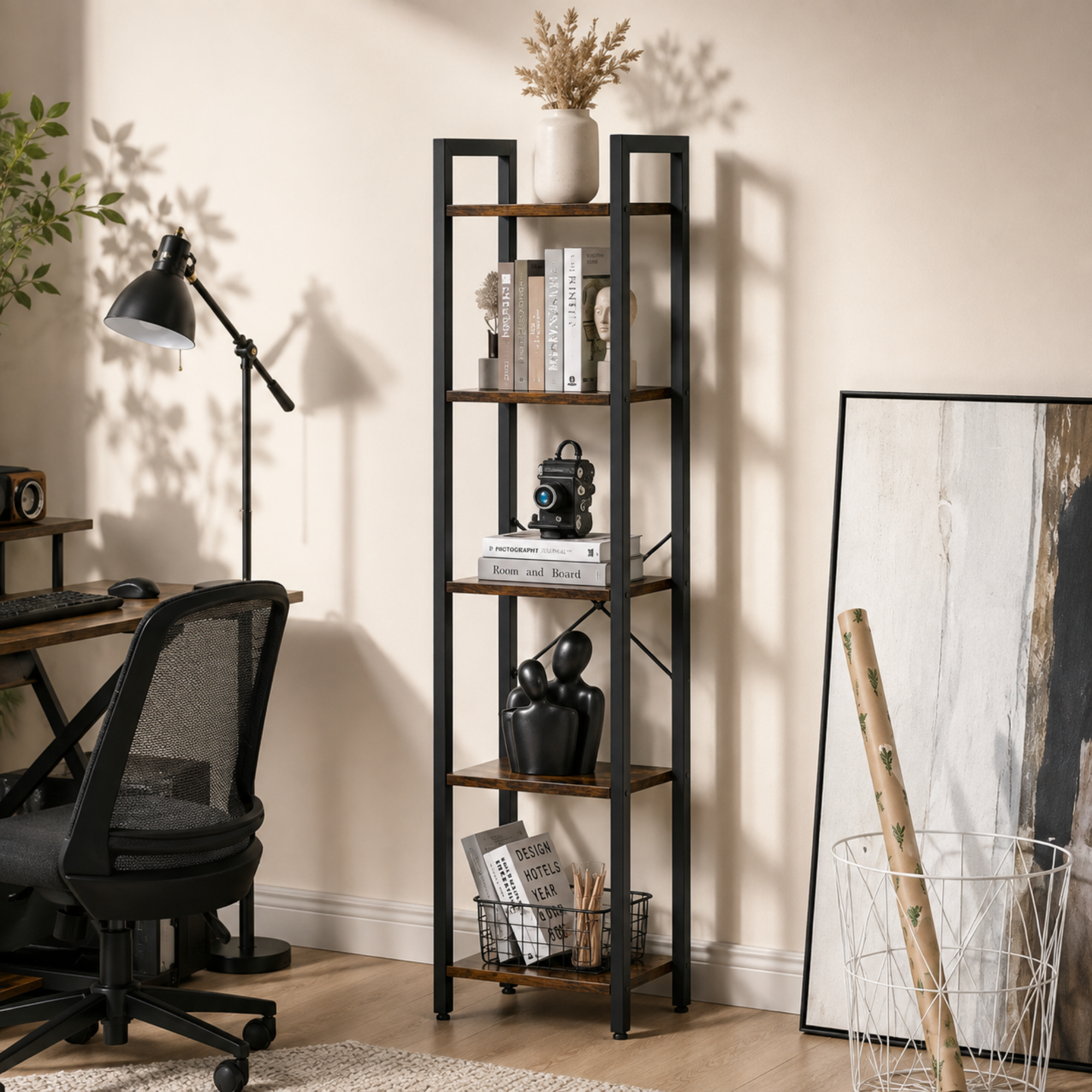 Raft de Colt cu 5 Polite, Cadru Metalic si Rafturi Aspect Lemn, Industrial Scandinav, 29 x 24 x 151 cm, Maro Rustic / Negru