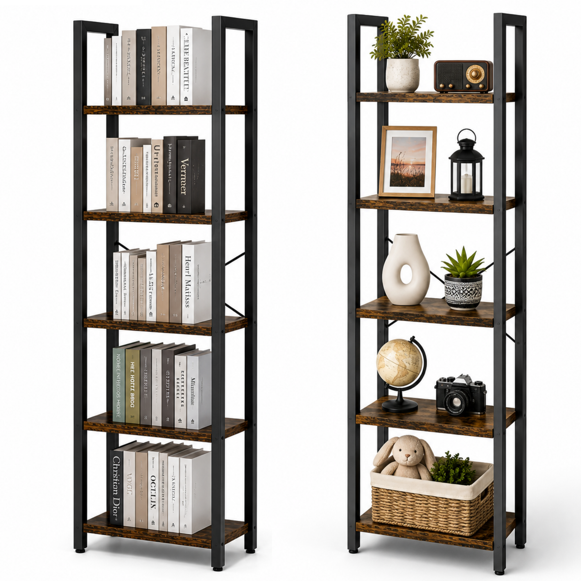 Raft de Colt cu 5 Polite, Cadru Metalic si Rafturi Aspect Lemn, Industrial Scandinav, 29 x 24 x 151 cm, Maro Rustic / Negru